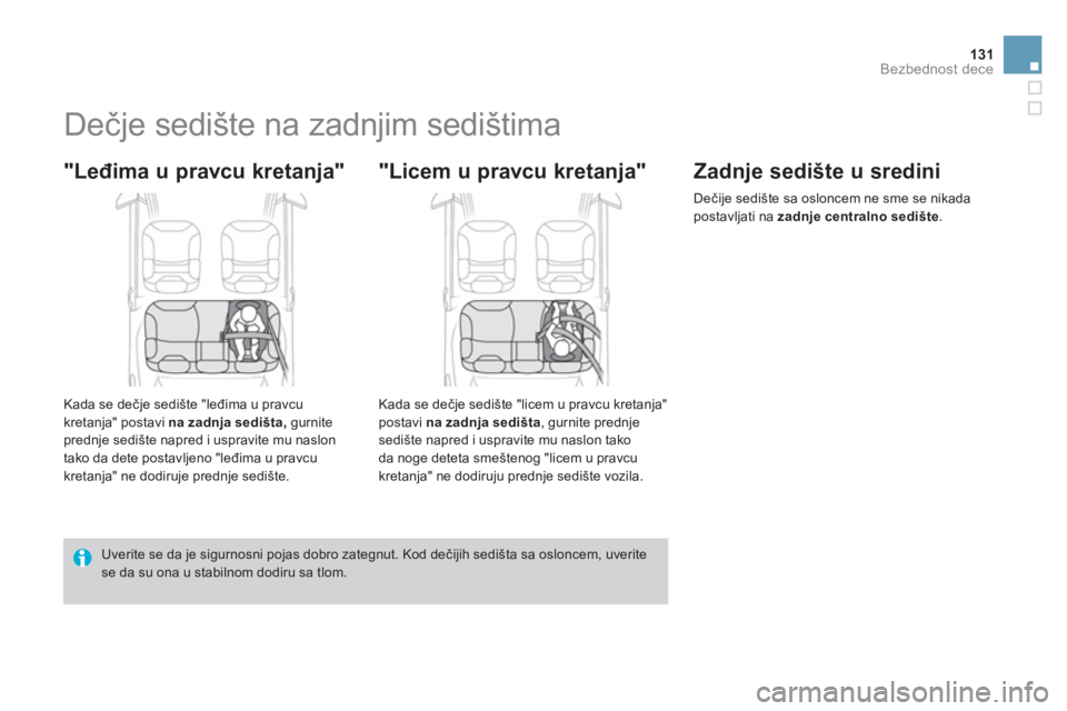 CITROEN DS3 CABRIO 2014  Priručnik (in Serbian) 131Bezbednost dece
   
 
 
 
 
 
 
 
Dečje sedište na zadnjim sedištima 
 
 
"Leđima u pravcu kretanja" 
 
 
Kada se dečje sedište "leđima u pravcu
kretanja" postavi na zadnja sedišta, 
 gurni