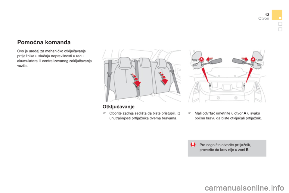CITROEN DS3 CABRIO 2014  Priručnik (in Serbian) 13Otvori
  Ovo je uređaj za mehaničko otključavanje 
prtljažnika u slučaju nepravilnosti u radu 
akumulatora ili centralizovanog zaključavanja 
vozila. 
   
Otključavanje 
 
 
 
 
 
 
 
Pomoćn