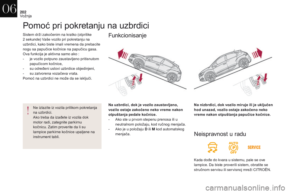 CITROEN DS4 2017 Priručnik (in Serbian) 202
DS4_sr_Chap06_conduite_ed01-2016
Sistem drži zakočenim na kratko (otprilike
2 sekunde) Vaše vozilo pri pokretanju na
uzbrdici, kako biste imali vremena da prebacite
nogu sa papučice kočnic CITROEN DS4 2017 Priručnik (in Serbian) 202
DS4_sr_Chap06_conduite_ed01-2016
Sistem drži zakočenim na kratko (otprilike
2 sekunde) Vaše vozilo pri pokretanju na
uzbrdici, kako biste imali vremena da prebacite
nogu sa papučice kočnic