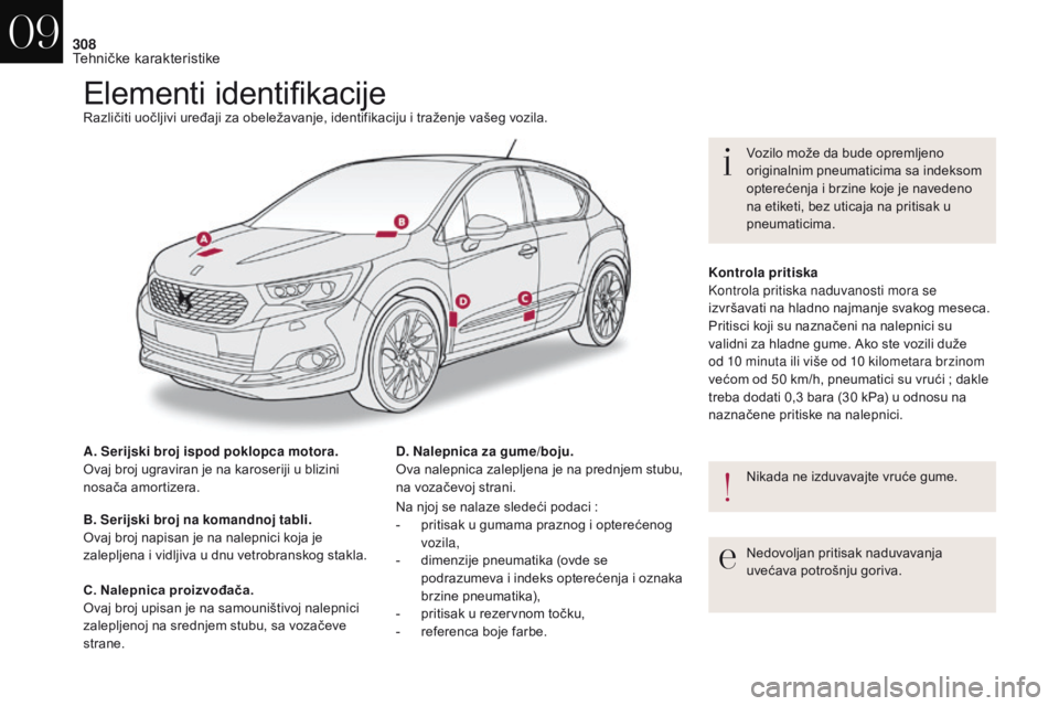 CITROEN DS4 2017 Priručnik (in Serbian) 308
DS4_sr_Chap09_caracteristiques_ed01-2016
Elementi identifikacijeRazličiti uočljivi uređaji za obeležavanje, identifikaciju i traženje vašeg vozila.
A. Serijski broj ispod poklopca motora.
Ov CITROEN DS4 2017 Priručnik (in Serbian) 308
DS4_sr_Chap09_caracteristiques_ed01-2016
Elementi identifikacijeRazličiti uočljivi uređaji za obeležavanje, identifikaciju i traženje vašeg vozila.
A. Serijski broj ispod poklopca motora.
Ov
