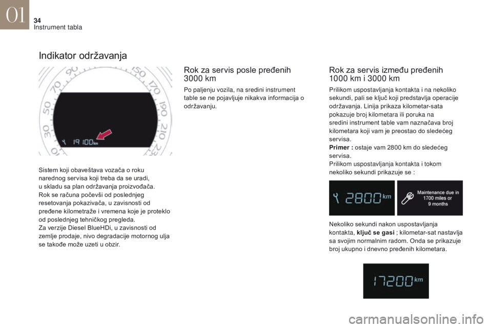 CITROEN DS4 2017  Priručnik (in Serbian) 34
DS4_sr_Chap01_instruments-de-bord_ed01-2016
Sistem koji obaveštava vozača o roku 
narednog servisa koji treba da se uradi,  
u skladu sa plan održavanja proizvođača.
Rok se računa počevši o