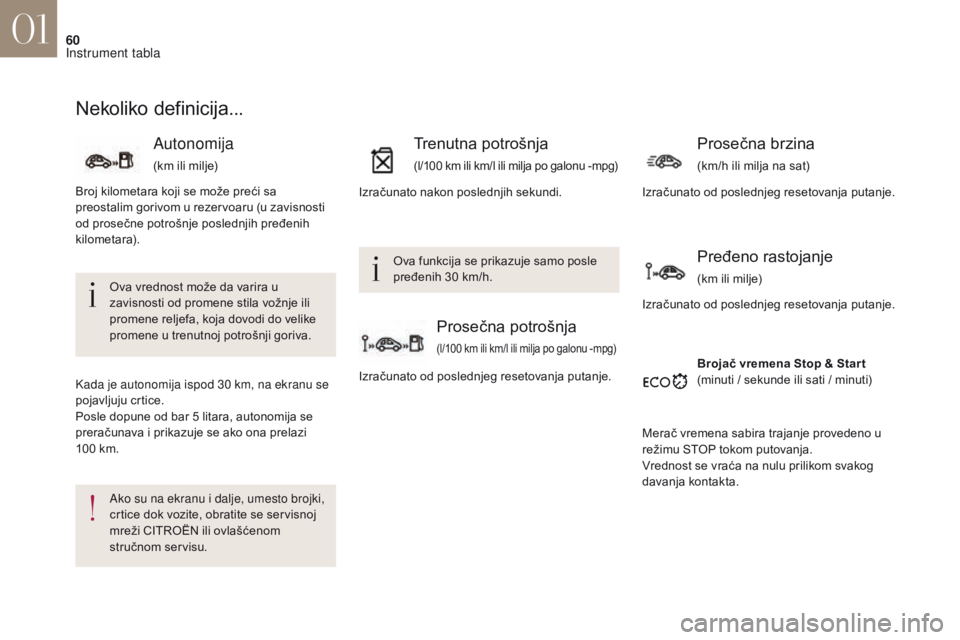 CITROEN DS4 2017  Priručnik (in Serbian) 60
DS4_sr_Chap01_instruments-de-bord_ed01-2016
Nekoliko  definicija...
Ova vrednost može da varira u 
zavisnosti od promene stila vožnje ili 
promene reljefa, koja dovodi do velike 
promene u trenut