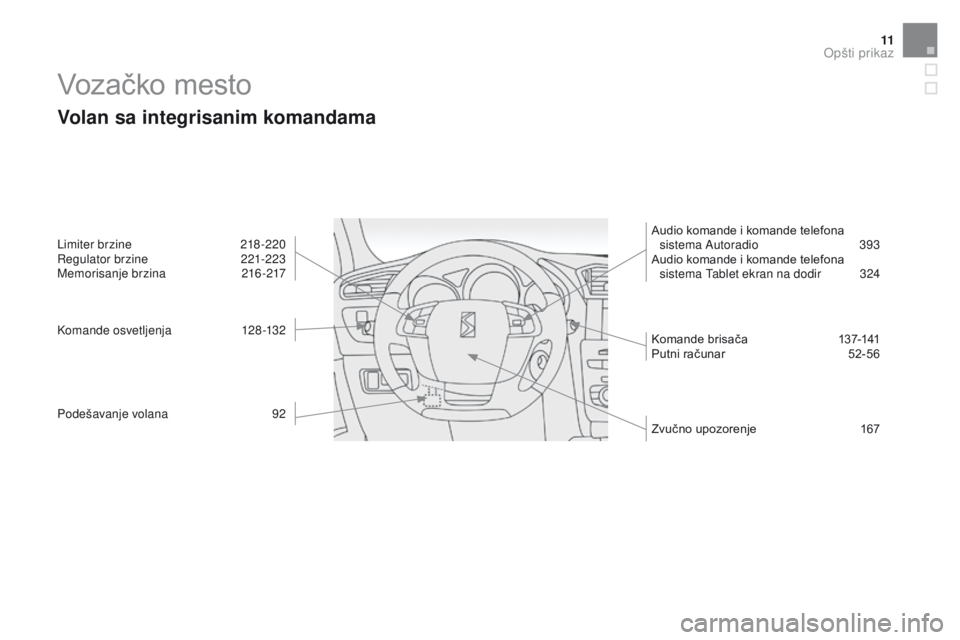 CITROEN DS4 2016 Priručnik (in Serbian) 11
DS4_sr_Chap00b_vue-ensemble_ed03-2015
Vozačko mesto
Volan sa integrisanim komandama
Limiter brzine 218-220
Regulator brzine 2 21-223
Memorisanje brzina
2
16-217
Komande osvetljenja
1
28-132
P CITROEN DS4 2016 Priručnik (in Serbian) 11
DS4_sr_Chap00b_vue-ensemble_ed03-2015
Vozačko mesto
Volan sa integrisanim komandama
Limiter brzine 218-220
Regulator brzine 2 21-223
Memorisanje brzina
2
16-217
Komande osvetljenja
1
28-132
P