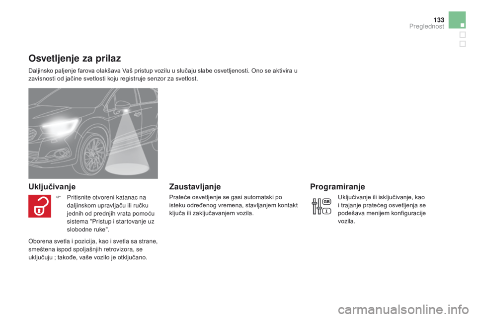 CITROEN DS4 2016 Priručnik (in Serbian) 133
DS4_sr_Chap05_visibilite_ed03-2015
Osvetljenje za prilaz
Daljinsko paljenje farova olakšava Vaš pristup vozilu u slučaju slabe osvetljenosti. Ono se aktivira u
zavisnosti od jačine svetlosti CITROEN DS4 2016 Priručnik (in Serbian) 133
DS4_sr_Chap05_visibilite_ed03-2015
Osvetljenje za prilaz
Daljinsko paljenje farova olakšava Vaš pristup vozilu u slučaju slabe osvetljenosti. Ono se aktivira u
zavisnosti od jačine svetlosti