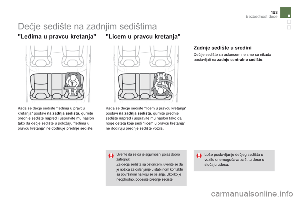 CITROEN DS4 2016 Priručnik (in Serbian) 153
DS4_sr_Chap06_securite enfants_ed03-2015
Dečje sedište na zadnjim sedištima
"Leđima u pravcu kretanja"
Kada se dečje sedište "leđima u pravcu
kretanja" postavi na zadnja se CITROEN DS4 2016 Priručnik (in Serbian) 153
DS4_sr_Chap06_securite enfants_ed03-2015
Dečje sedište na zadnjim sedištima
"Leđima u pravcu kretanja"
Kada se dečje sedište "leđima u pravcu
kretanja" postavi na zadnja se