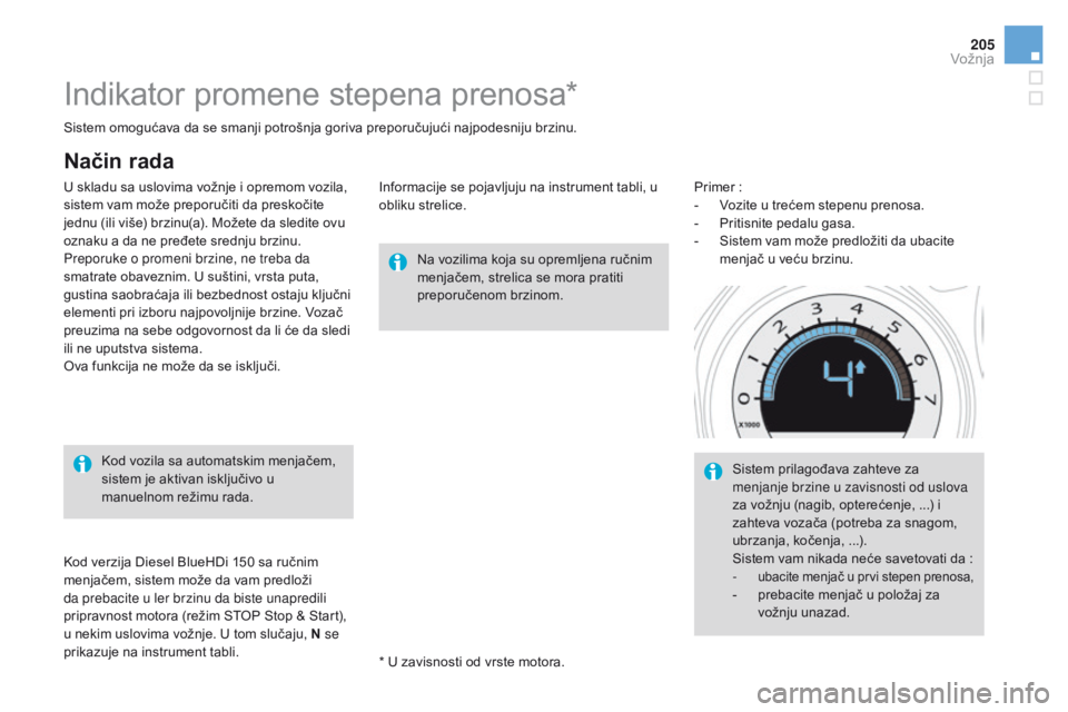CITROEN DS4 2016 Priručnik (in Serbian) 205
DS4_sr_Chap08_conduite_ed03-2015
Indikator promene stepena prenosa*
Na vozilima koja su opremljena ručnim
menjačem, strelica se mora pratiti
preporučenom brzinom.
Kod vozila sa automatskim me CITROEN DS4 2016 Priručnik (in Serbian) 205
DS4_sr_Chap08_conduite_ed03-2015
Indikator promene stepena prenosa*
Na vozilima koja su opremljena ručnim
menjačem, strelica se mora pratiti
preporučenom brzinom.
Kod vozila sa automatskim me