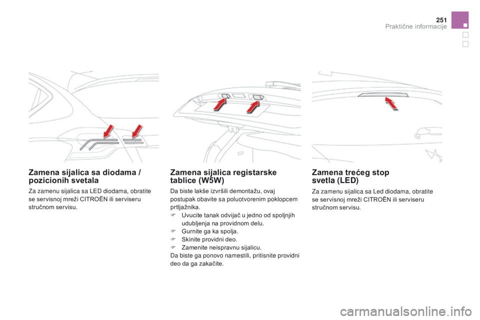 CITROEN DS4 2016  Priručnik (in Serbian) 251
DS4_sr_Chap09_info-pratiques_ed03-2015
Zamena sijalica sa diodama / 
pozicionih svetalaZamena sijalica registarske 
tablice (W5W)Zamena trećeg stop  
svetla (LED)
Za zamenu sijalica sa Led diodam