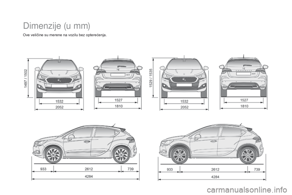 CITROEN DS4 2016 Priručnik (in Serbian) DS4_sr_Chap11_caracteristiques_ed03-2015
Dimenzije (u mm)
Ove veličine su merene na vozilu bez opterećenja. CITROEN DS4 2016 Priručnik (in Serbian) DS4_sr_Chap11_caracteristiques_ed03-2015
Dimenzije (u mm)
Ove veličine su merene na vozilu bez opterećenja.