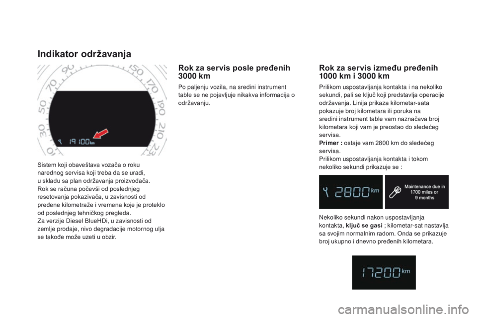 CITROEN DS4 2016 Priručnik (in Serbian) DS4_sr_Chap01_controle-de-marche_ed03-2015
Sistem koji obaveštava vozača o roku
narednog servisa koji treba da se uradi,
u skladu sa plan održavanja proizvođača.
Rok se računa počevši od po CITROEN DS4 2016 Priručnik (in Serbian) DS4_sr_Chap01_controle-de-marche_ed03-2015
Sistem koji obaveštava vozača o roku
narednog servisa koji treba da se uradi,
u skladu sa plan održavanja proizvođača.
Rok se računa počevši od po
