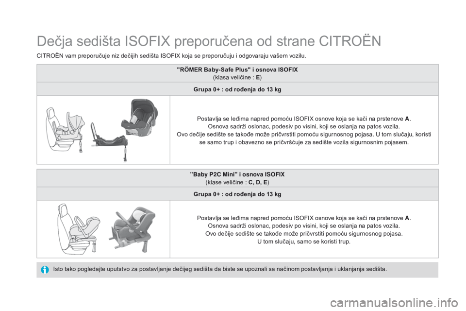 CITROEN DS4 2015  Priručnik (in Serbian) DS4_sr_Chap06_securite-enfants_ed02-2015
Dečja sedišta ISOFIX preporučena od strane CITROËN
Isto tako pogledajte uputstvo za postavljanje dečijeg sedišta da biste se upoznali sa načinom postavl