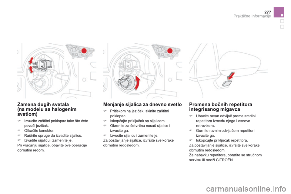 CITROEN DS4 2015 Priručnik (in Serbian) 277
DS4_sr_Chap10_info-pratiques_ed02-2015
Menjanje sijalica za dnevno svetlo
F Pritiskom na jezičak, skinite zaštitni poklopac.
F
I
skopčajte priključak sa sijalicom.
F
O
krenite za četvrt CITROEN DS4 2015 Priručnik (in Serbian) 277
DS4_sr_Chap10_info-pratiques_ed02-2015
Menjanje sijalica za dnevno svetlo
F Pritiskom na jezičak, skinite zaštitni poklopac.
F
I
skopčajte priključak sa sijalicom.
F
O
krenite za četvrt
