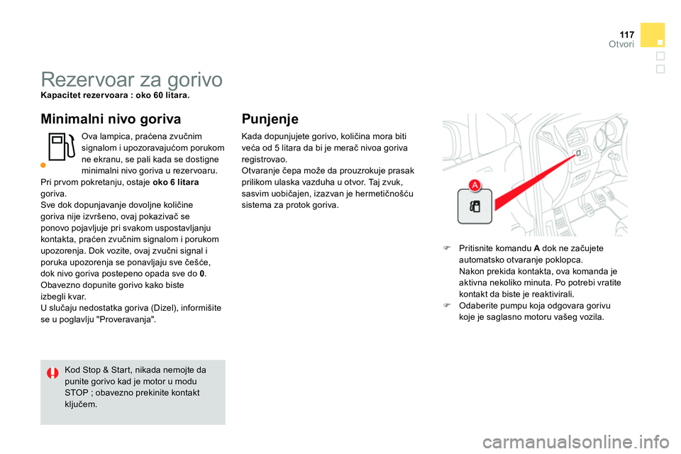 CITROEN DS4 2014  Priručnik (in Serbian) 11 7Otvori
   
 
 
 
 
 
 
 
 
 
 
 
 
 
 
 
 
 
 
 
Rezervoar za gorivo  
 
Kapacitet rezervoara 
 
 : oko 60 litara. 
 
 
 
Minimalni nivo goriva 
 
Ova lampica, praćena zvučnim 
signalom i upozor