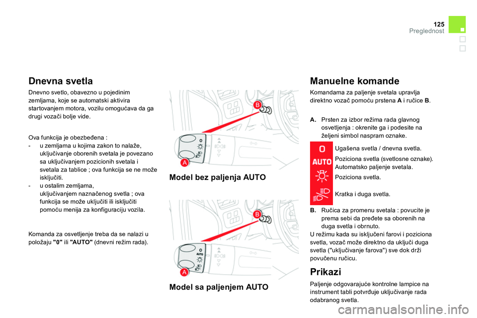 CITROEN DS4 2014 Priručnik (in Serbian) 125Preglednost
Model bez paljenja AUTO
Model sa paljenjem AUTO
Manuelne komande
Komandama za paljenje svetala upravlja
direktno vozač pomoću prstena A
i ručice B
. CITROEN DS4 2014 Priručnik (in Serbian) 125Preglednost
Model bez paljenja AUTO
Model sa paljenjem AUTO
Manuelne komande
Komandama za paljenje svetala upravlja
direktno vozač pomoću prstena A
i ručice B
.
