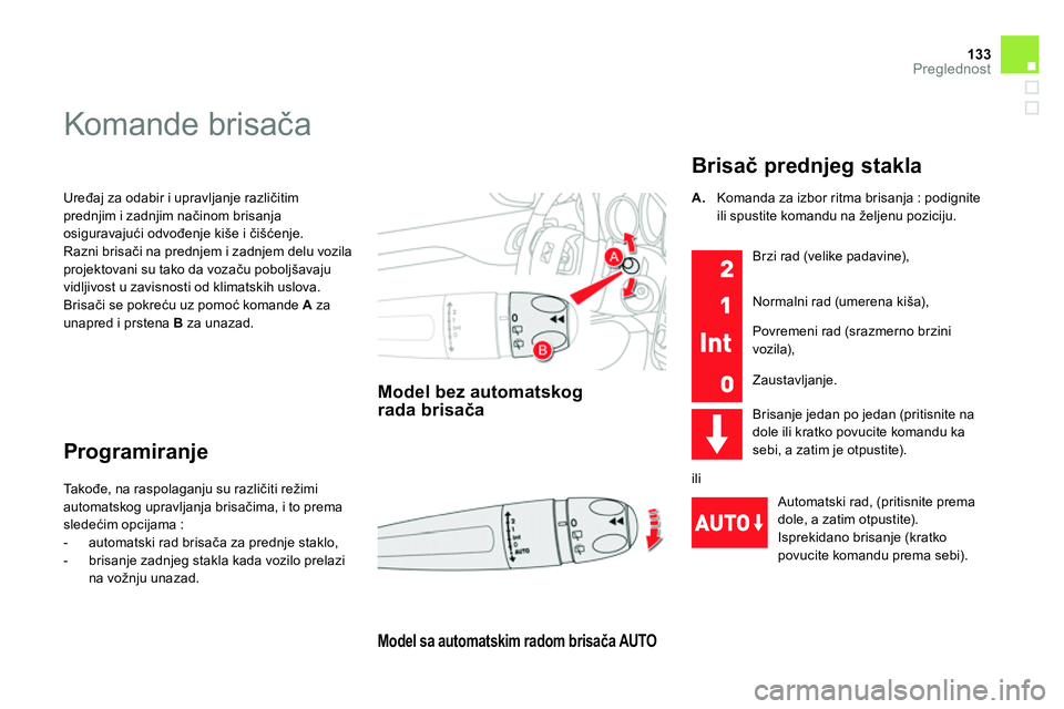 CITROEN DS4 2014 Priručnik (in Serbian) 133Preglednost
Uređaj za odabir i upravljanje različitim
prednjim i zadnjim načinom brisanja
osiguravajući odvođenje kiše i čišćenje.
Razni brisači na prednjem i zadnjem delu vozila
CITROEN DS4 2014 Priručnik (in Serbian) 133Preglednost
Uređaj za odabir i upravljanje različitim
prednjim i zadnjim načinom brisanja
osiguravajući odvođenje kiše i čišćenje.
Razni brisači na prednjem i zadnjem delu vozila