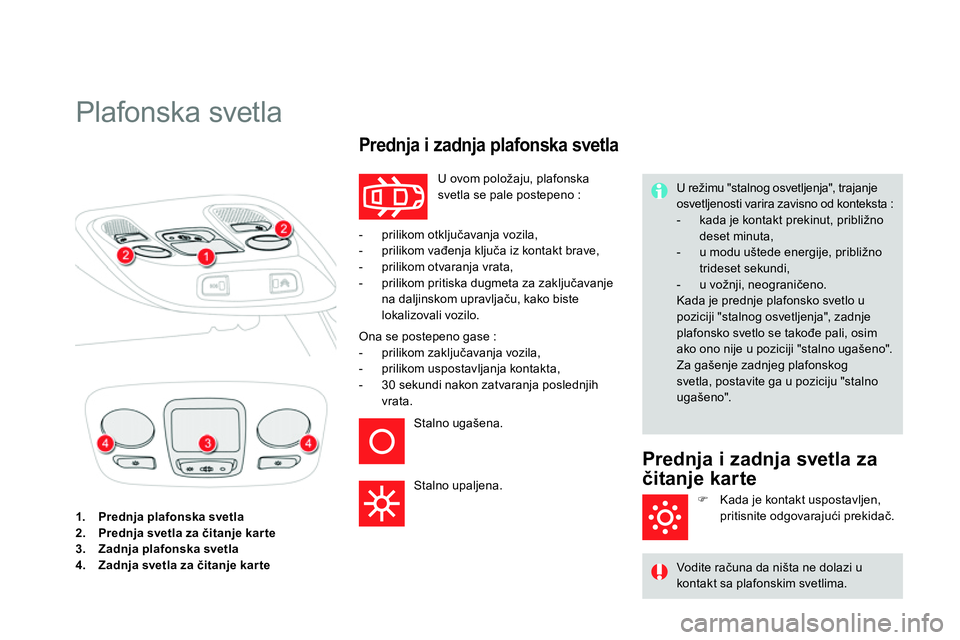 CITROEN DS4 2014 Priručnik (in Serbian)
1.
Prednja plafonska svetla
2.
Prednja svetla za čitanje karte
3.
Zadnja plafonska svetla
4.
Zadnja svetla za čitanje karte
Plafon CITROEN DS4 2014 Priručnik (in Serbian)
1.
Prednja plafonska svetla
2.
Prednja svetla za čitanje karte
3.
Zadnja plafonska svetla
4.
Zadnja svetla za čitanje karte
Plafon