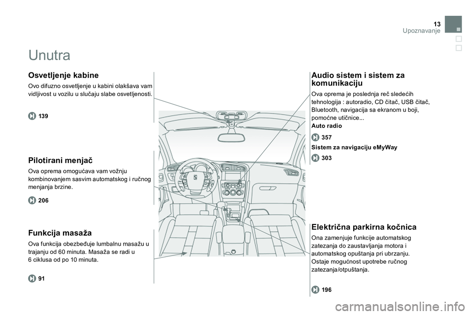CITROEN DS4 2014 Priručnik (in Serbian) 13Upoznavanje
Unutra
Pilotirani menjač
Ova oprema omogućava vam vožnju
kombinovanjem sasvim automatskog i ručnog
menjanja brzine.
Osvetljenje kabine
Ovo difuzno osvetljenje u CITROEN DS4 2014 Priručnik (in Serbian) 13Upoznavanje
Unutra
Pilotirani menjač
Ova oprema omogućava vam vožnju
kombinovanjem sasvim automatskog i ručnog
menjanja brzine.
Osvetljenje kabine
Ovo difuzno osvetljenje u