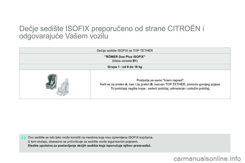 CITROEN DS4 2014 Priručnik (in Serbian)
Dečje sedište ISOFIX preporučeno od strane CITROËN i
odgovarajuće Vašem vozilu
Ovo sedište se isto tako može koristiti na mestima koja nisu opremljena ISOFIX CITROEN DS4 2014 Priručnik (in Serbian)
Dečje sedište ISOFIX preporučeno od strane CITROËN i
odgovarajuće Vašem vozilu
Ovo sedište se isto tako može koristiti na mestima koja nisu opremljena ISOFIX