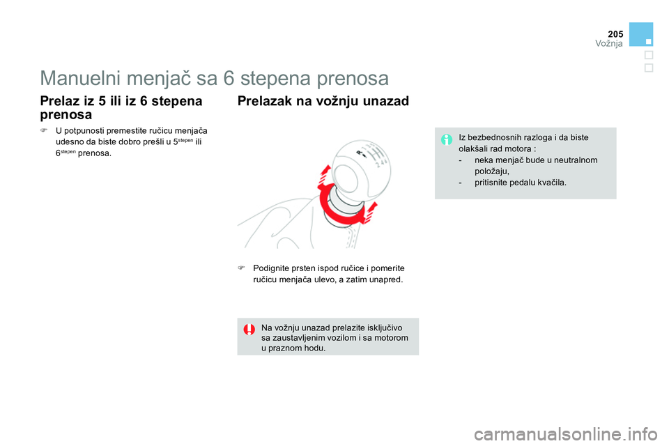 CITROEN DS4 2014  Priručnik (in Serbian) 205Vožnja
   
 
 
 
 
 
 
 
Manuelni menjač sa 6 stepena prenosa 
 
 
 
 
  Podignite prsten ispod ručice i pomerite 
ručicu menjača ulevo, a zatim unapred.  
 
 
Prelazak na vožnju unazad 
 