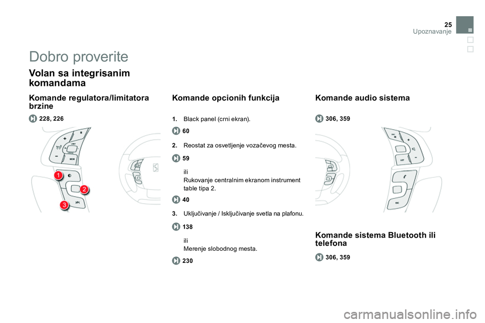 CITROEN DS4 2014  Priručnik (in Serbian) 25Upoznavanje
   
Komande regulatora/limitatora 
brzine 
   
Volan sa integrisanim 
komandama 
  60 
 
 
 
Komande opcionih funkcija 
 
 
228, 226 
 
 
  59 
       
2. 
  Reostat za osvetljenje voza�