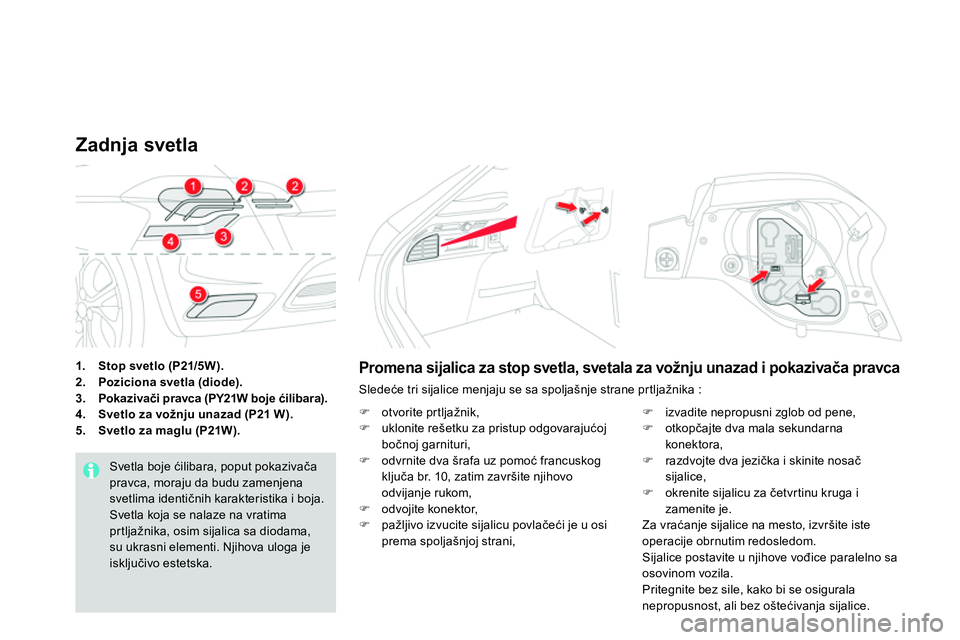 CITROEN DS4 2014 Priručnik (in Serbian)
1.
Stop svetlo (P21/5W).
2.
Poziciona svetla (diode).
3.
Pokazivači pravca (PY21W boje ćilibara).
4.
Svetlo za vožnju unazad (P21 W).
5.
Svetlo za m CITROEN DS4 2014 Priručnik (in Serbian)
1.
Stop svetlo (P21/5W).
2.
Poziciona svetla (diode).
3.
Pokazivači pravca (PY21W boje ćilibara).
4.
Svetlo za vožnju unazad (P21 W).
5.
Svetlo za m