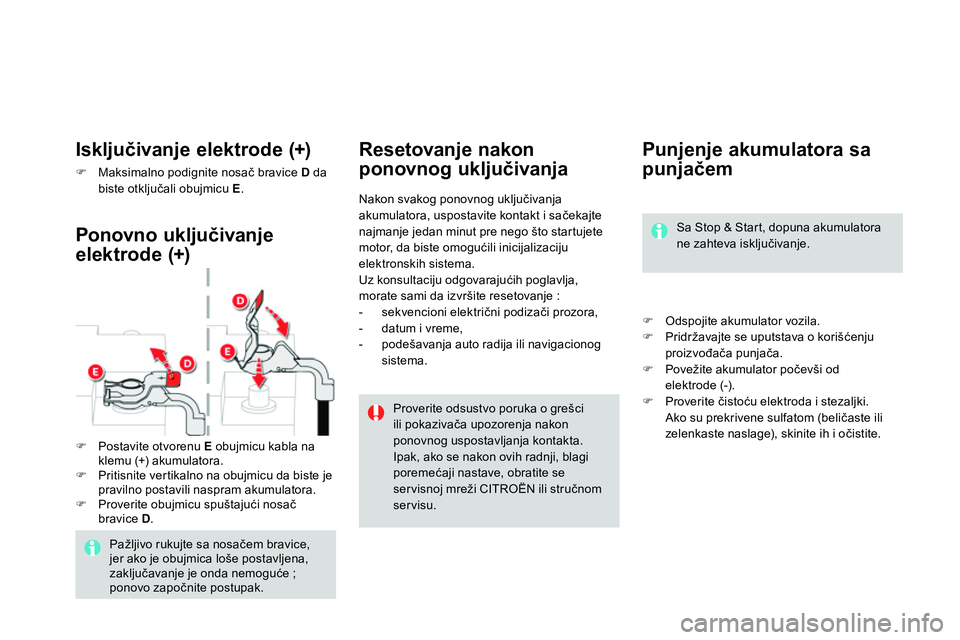 CITROEN DS4 2014 Priručnik (in Serbian)
Punjenje akumulatora sa
punjačem
Odspojite akumulator vozila.
Pridržavajte se uputstava o korišćenju
proizvođača punjača.
Povežite CITROEN DS4 2014 Priručnik (in Serbian)
Punjenje akumulatora sa
punjačem
Odspojite akumulator vozila.
Pridržavajte se uputstava o korišćenju
proizvođača punjača.
Povežite