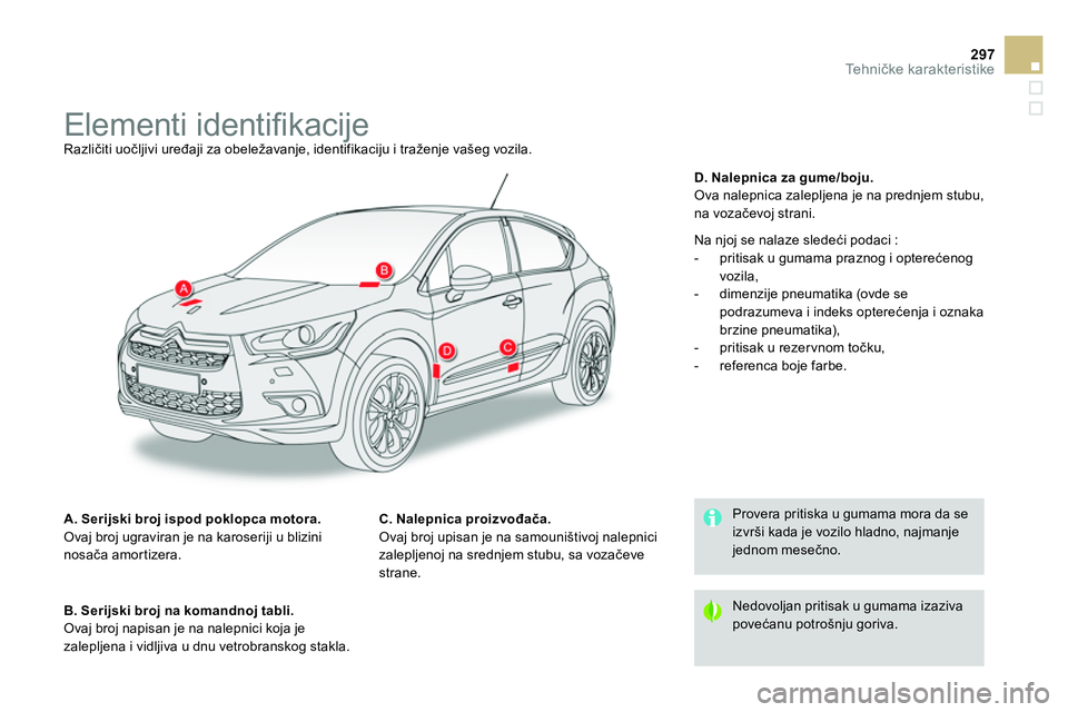 CITROEN DS4 2014 Priručnik (in Serbian) 297Te h n ičke karakteristike
Elementi identifi kacije
Različiti uočljivi uređaji za obeležavanje, identifikaciju i traženje vašeg vozila.
A. Serijsk CITROEN DS4 2014 Priručnik (in Serbian) 297Te h n ičke karakteristike
Elementi identifi kacije
Različiti uočljivi uređaji za obeležavanje, identifikaciju i traženje vašeg vozila.
A. Serijsk