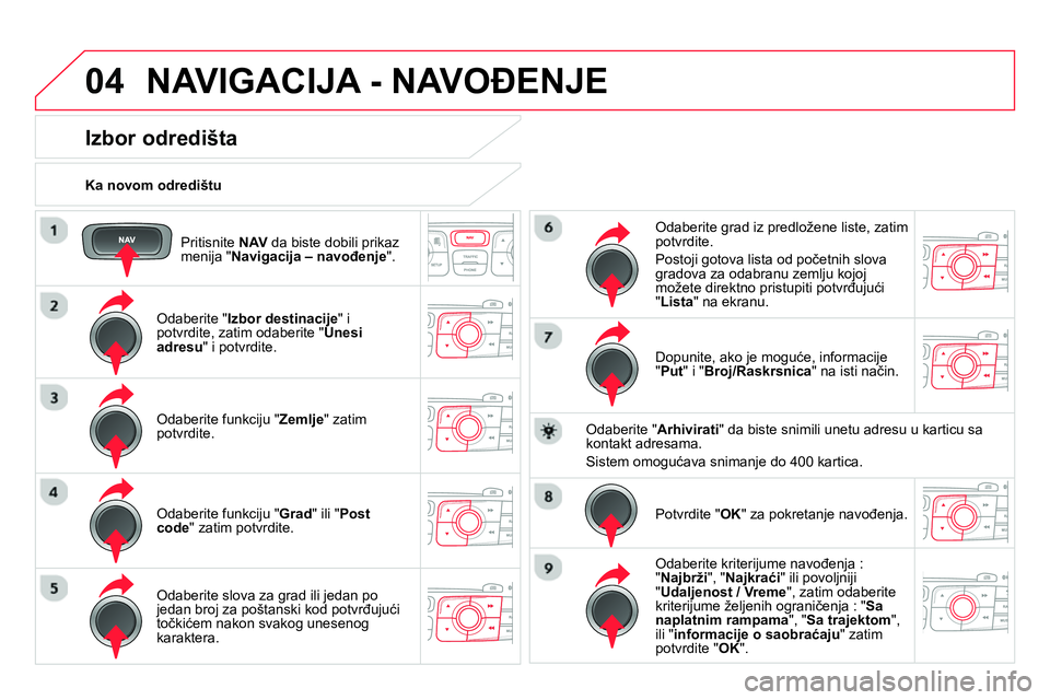 CITROEN DS4 2014 Priručnik (in Serbian) 04
Pritisnite NAV
da biste dobili prikaz
menija " Navigacija – navođenje
".
Ka novom odredištu
NAVIGACIJA - NAVOĐENJE
Izbor odredišta
Odaberite " CITROEN DS4 2014 Priručnik (in Serbian) 04
Pritisnite NAV
da biste dobili prikaz
menija " Navigacija – navođenje
".
Ka novom odredištu
NAVIGACIJA - NAVOĐENJE
Izbor odredišta
Odaberite "
