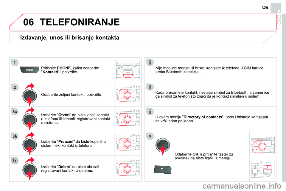 CITROEN DS4 2014 Priručnik (in Serbian) 06
329
Izdavanje, unos ili brisanje kontakta
Pritisnite PHONE
, zatim odaberite
" Kontakti
" i potvrdite.
Odaberite željeni kontakt i potvrdite.
Izaberite " Preuzmi
" da bis CITROEN DS4 2014 Priručnik (in Serbian) 06
329
Izdavanje, unos ili brisanje kontakta
Pritisnite PHONE
, zatim odaberite
" Kontakti
" i potvrdite.
Odaberite željeni kontakt i potvrdite.
Izaberite " Preuzmi
" da bis