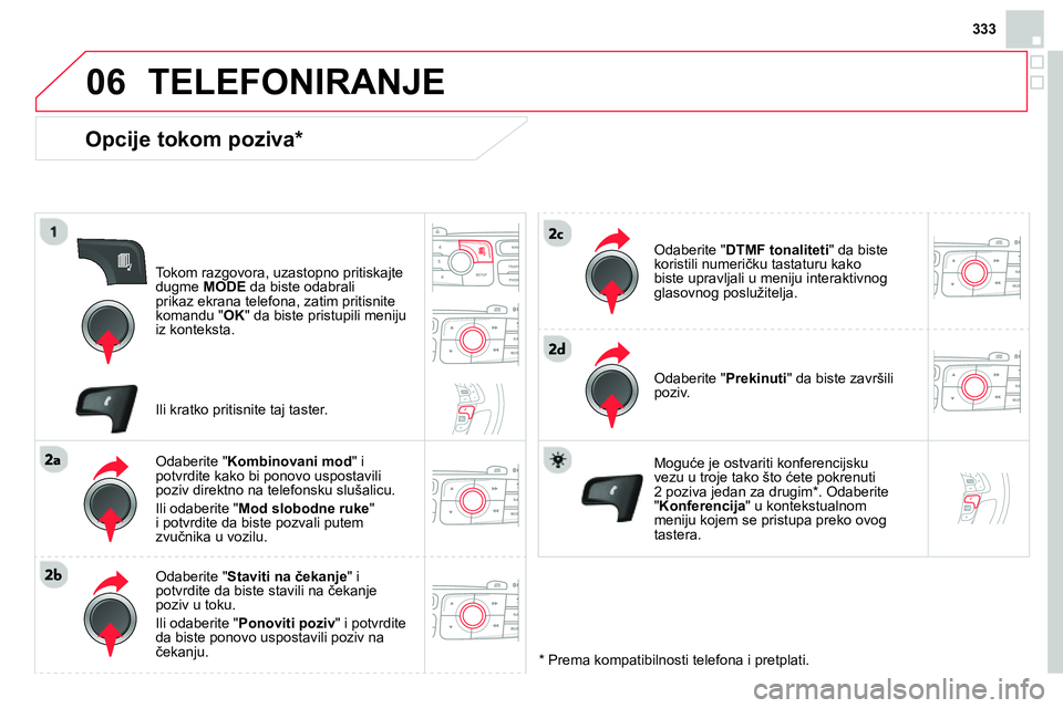 CITROEN DS4 2014 Priručnik (in Serbian) 06
333
TELEFONIRANJE
Opcije tokom poziva *
Tokom razgovora, uzastopno pritiskajte
dugme MODE
da biste odabrali
prikaz ekrana telefona, zatim pritisnite
komandu " OK
" da biste pris CITROEN DS4 2014 Priručnik (in Serbian) 06
333
TELEFONIRANJE
Opcije tokom poziva *
Tokom razgovora, uzastopno pritiskajte
dugme MODE
da biste odabrali
prikaz ekrana telefona, zatim pritisnite
komandu " OK
" da biste pris