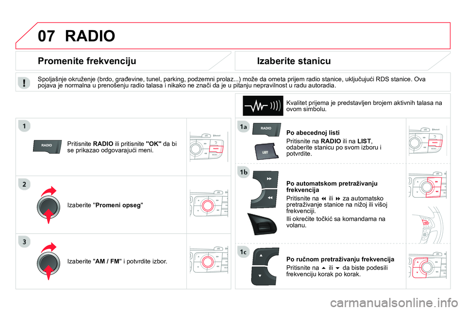 CITROEN DS4 2014 Priručnik (in Serbian) 07 RADIO
Po abecednoj listi
Pritisnite na RADIO
ili na LIST
,
odaberite stanicu po svom izboru i
potvrdite.
Po automatskom pretraživanju
frekvencija
Pritisnite na
ili CITROEN DS4 2014 Priručnik (in Serbian) 07 RADIO
Po abecednoj listi
Pritisnite na RADIO
ili na LIST
,
odaberite stanicu po svom izboru i
potvrdite.
Po automatskom pretraživanju
frekvencija
Pritisnite na
ili