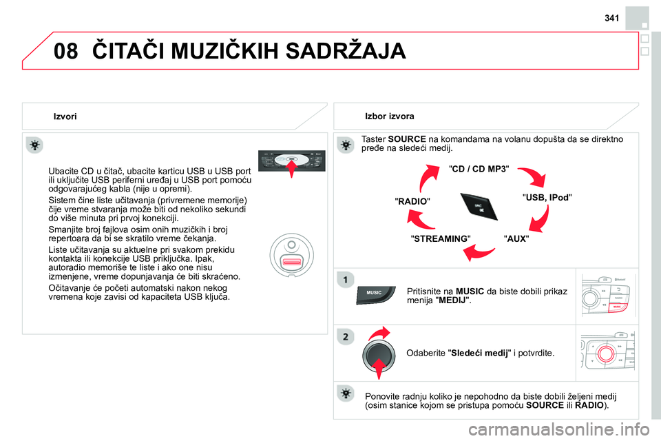 CITROEN DS4 2014 Priručnik (in Serbian) 08
341
ČITAČI MUZIČKIH SADRŽAJA
Izvori
Ubacite CD u čitač, ubacite karticu USB u USB port
ili uključite USB periferni uređaj u USB port pomoću
odgovarajućeg kabla (nije u op CITROEN DS4 2014 Priručnik (in Serbian) 08
341
ČITAČI MUZIČKIH SADRŽAJA
Izvori
Ubacite CD u čitač, ubacite karticu USB u USB port
ili uključite USB periferni uređaj u USB port pomoću
odgovarajućeg kabla (nije u op