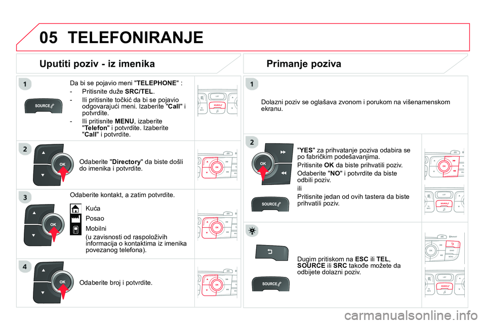 CITROEN DS4 2014 Priručnik (in Serbian)
05 TELEFONIRANJE
Da bi se pojavio meni " TELEPHONE
" :
- Pritisnite duže SRC/TEL
.
- Ili pritisnite točkić da bi se pojavio
odgovarajući meni. Izaberite " Call
" i CITROEN DS4 2014 Priručnik (in Serbian)
05 TELEFONIRANJE
Da bi se pojavio meni " TELEPHONE
" :
- Pritisnite duže SRC/TEL
.
- Ili pritisnite točkić da bi se pojavio
odgovarajući meni. Izaberite " Call
" i