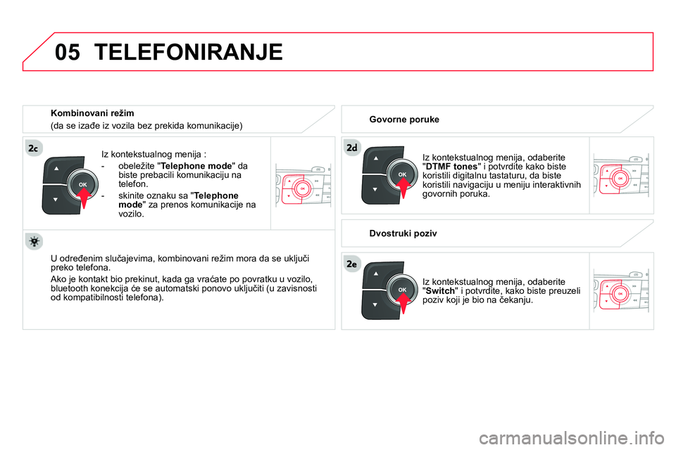 CITROEN DS4 2014 Priručnik (in Serbian)
05
Iz kontekstualnog menija :
- obeležite " Telephone mode
" da
biste prebacili komunikaciju na
telefon.
- skinite oznaku sa " Telephone
mode
" za prenos komunikacije na
vo CITROEN DS4 2014 Priručnik (in Serbian)
05
Iz kontekstualnog menija :
- obeležite " Telephone mode
" da
biste prebacili komunikaciju na
telefon.
- skinite oznaku sa " Telephone
mode
" za prenos komunikacije na
vo