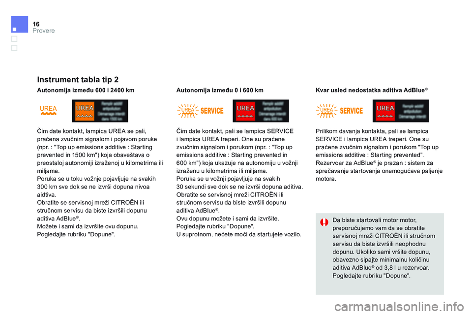 CITROEN DS4 2014 Priručnik (in Serbian) 16Provere
Instrument tabla tip 2
Čim date kontakt, lampica UREA se pali, praćena zvučnim signalom i pojavom poruke (npr. : "Top up emissions additive : Starting prevented in 1500 km CITROEN DS4 2014 Priručnik (in Serbian) 16Provere
Instrument tabla tip 2
Čim date kontakt, lampica UREA se pali, praćena zvučnim signalom i pojavom poruke (npr. : "Top up emissions additive : Starting prevented in 1500 km