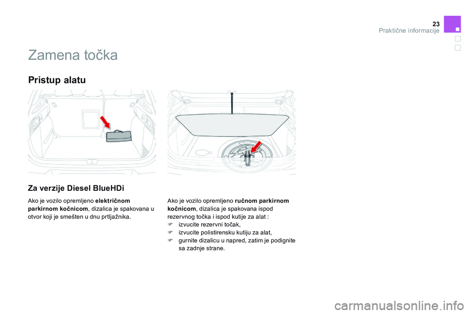 CITROEN DS4 2014 Priručnik (in Serbian) 23Praktične informacije
Ds4-add_sr_Chap11_info-pratiques_ed02-2013
Z a m e n a t o č k a
Pristup alatu
Za verzije Diesel BlueHDi
Ako je vozilo opremljeno ručnom parkirnom ko CITROEN DS4 2014 Priručnik (in Serbian) 23Praktične informacije
Ds4-add_sr_Chap11_info-pratiques_ed02-2013
Z a m e n a t o č k a
Pristup alatu
Za verzije Diesel BlueHDi
Ako je vozilo opremljeno ručnom parkirnom ko