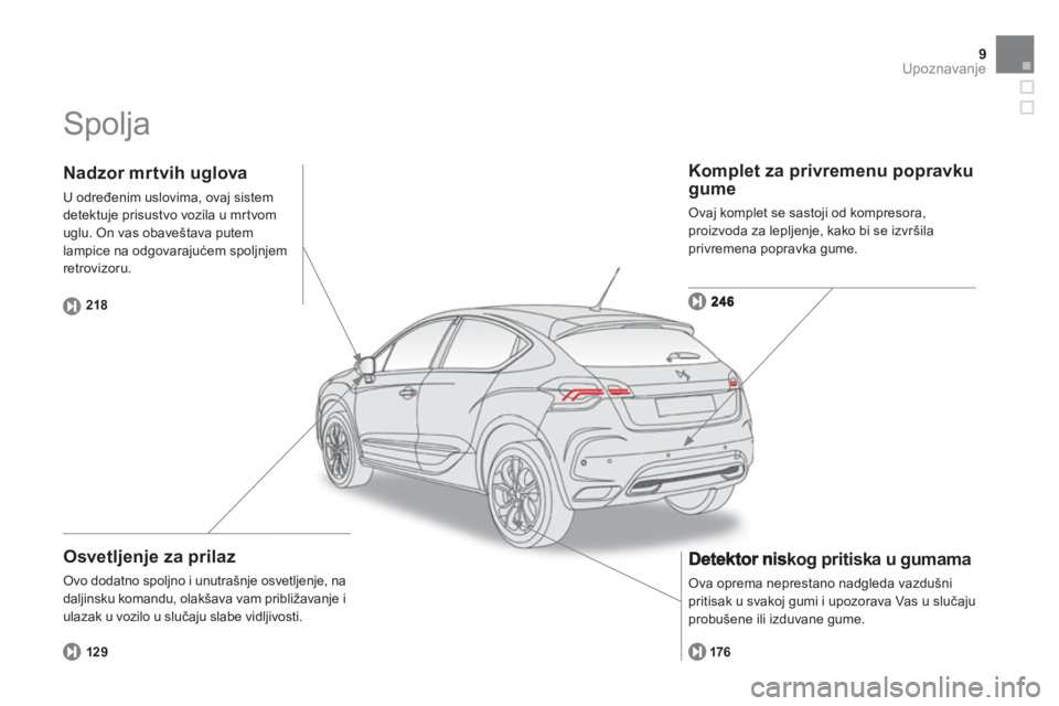CITROEN DS4 2013  Priručnik (in Serbian) 9Upoznavanje
  Spolja  
 
 
Osvetljenje za prilaz 
 Ovo dodatno spoljno i unutrašnje osvetljenje, na 
daljinsku komandu, olakšava vam približavanje i 
ulazak u vozilo u slučaju slabe vidljivosti. 
