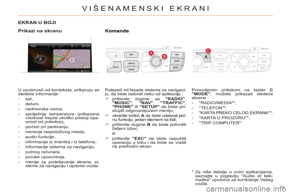 CITROEN DS4 2013 Priručnik (in Serbian) VIŠENAMENSKI EKRANI
3
EKRAN U BOJI
U zavisnosti od konteksta, prikazuju se
sledeće informacije :
- sat,
- datum,
- nadmorska visina,
- spoljašnja temperatura (prikaza CITROEN DS4 2013 Priručnik (in Serbian) VIŠENAMENSKI EKRANI
3
EKRAN U BOJI
U zavisnosti od konteksta, prikazuju se
sledeće informacije :
- sat,
- datum,
- nadmorska visina,
- spoljašnja temperatura (prikaza