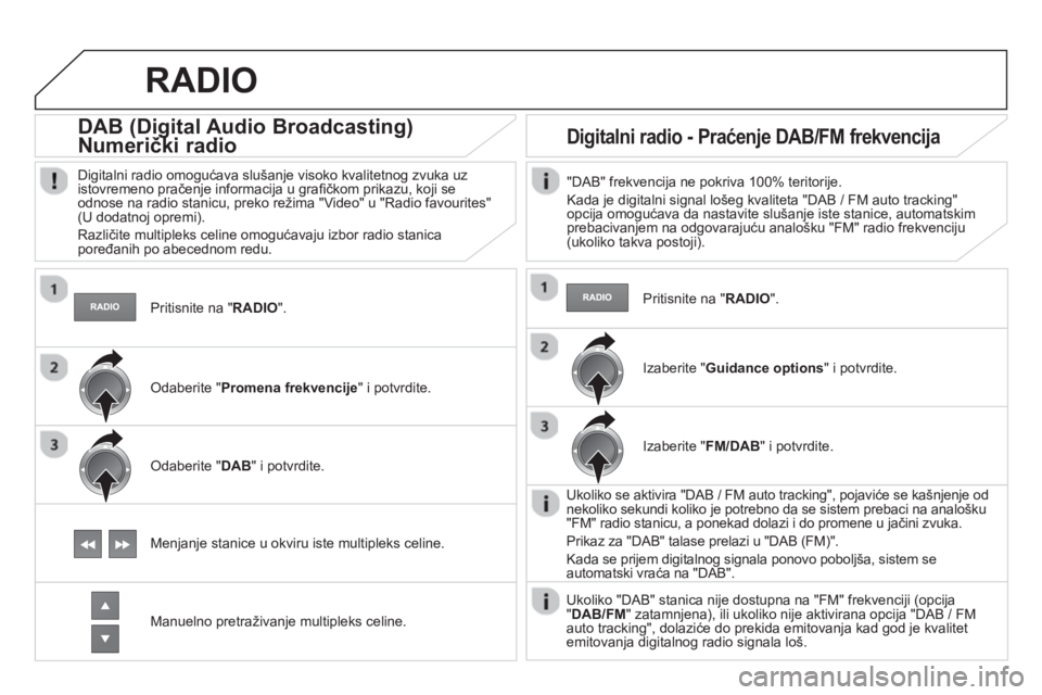 CITROEN DS4 2013  Priručnik (in Serbian)    Pritisnite na " RADIO".
 
 
 
 
 
 
DAB (Digital Audio Broadcasting) 
Numerički radio 
(g(g
 
 
Digitalni radio omogućava slušanje visoko kvalitetnog zvuka uz
istovremeno pračenje informacija u
