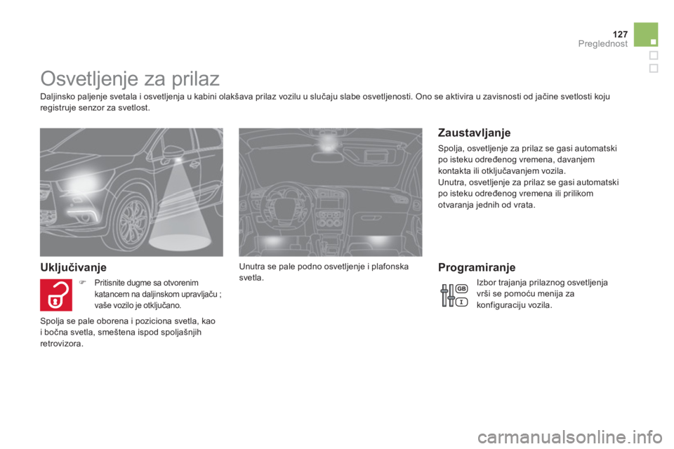 CITROEN DS4 2011  Priručnik (in Serbian) 127Preglednost
   
 
 
 
 
 
 
 
 
 
 
Osvetljenje za prilaz 
 
 
Daljinsko paljenje svetala i osvetljenja u kabini olakšava prilaz vozilu u slučaju slabe osvetljenosti. Ono se aktivira u zavisnosti