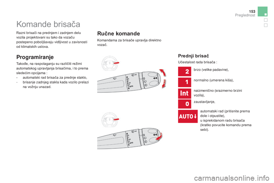 CITROEN DS5 2016  Priručnik (in Serbian) 153
DS5_sr_Chap05_visibilite_ed02-2015
Komande brisača
Programiranje
Takođe, na raspolaganju su različiti režimi 
automatskog upravljanja brisačima, i to prema 
sledećim opcijama
 :
- au

tomats