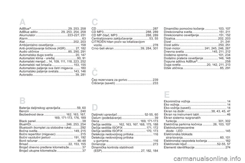 CITROEN DS5 2016  Priručnik (in Serbian) AC
AdBlue® ........................................... 29, 253, 258
AdBlue aditiv .......................... 29 , 253, 254, 258
Akumulator
 .....................................

223 -227, 251
Alarm
