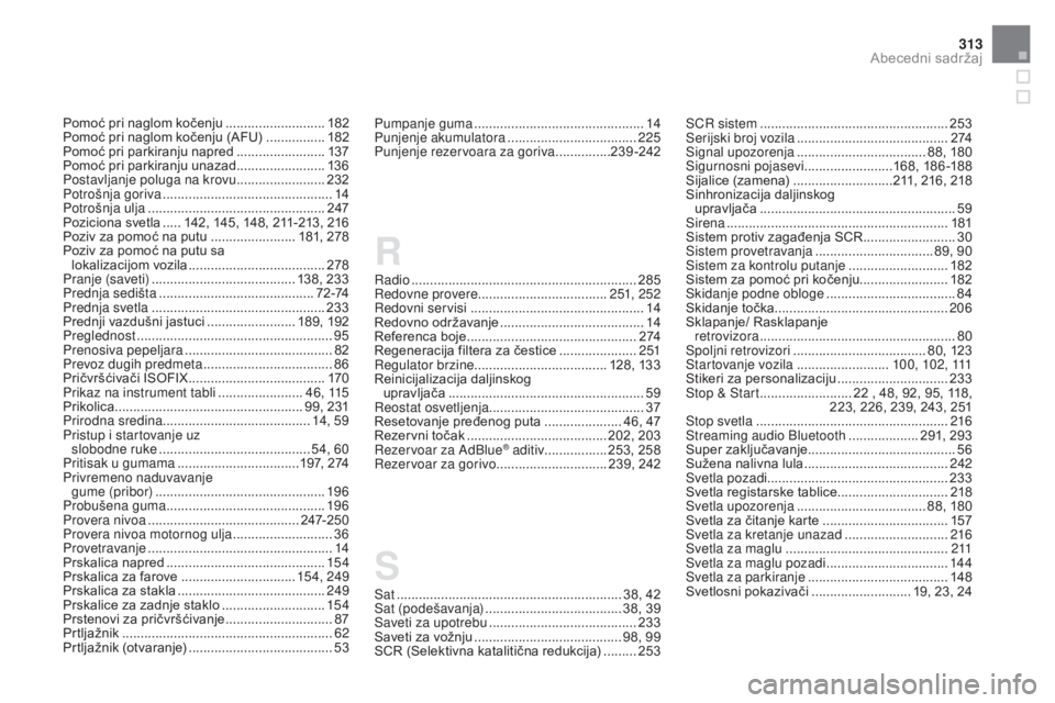 CITROEN DS5 2016  Priručnik (in Serbian) 313
Pumpanje guma ..............................................14
P unjenje akumulatora ................................... 225
P
unjenje rezervoara za goriva
 ............... 23

9 -242
R
S
Radio ..