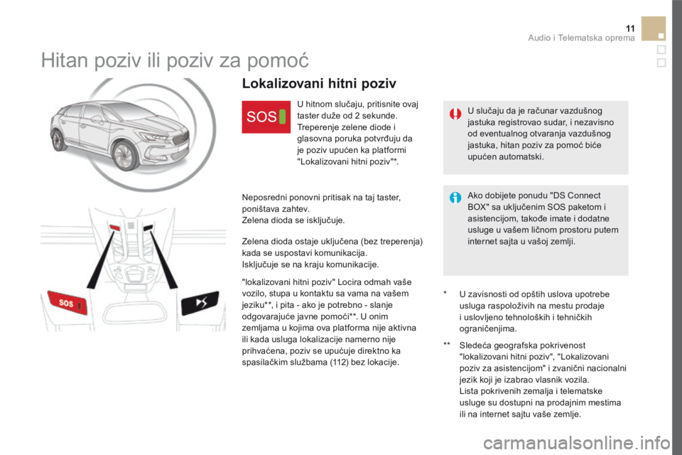 CITROEN DS5 2016  Priručnik (in Serbian) 11 Audio i Telematska oprema 
DS5_Additif_sr_Chap11b_BTA_ed03-2015
       Hitan poziv ili poziv za pomoć 
  U slučaju da je računar vazdušnog jastuka registrovao sudar, i nezavisno od eventualnog 