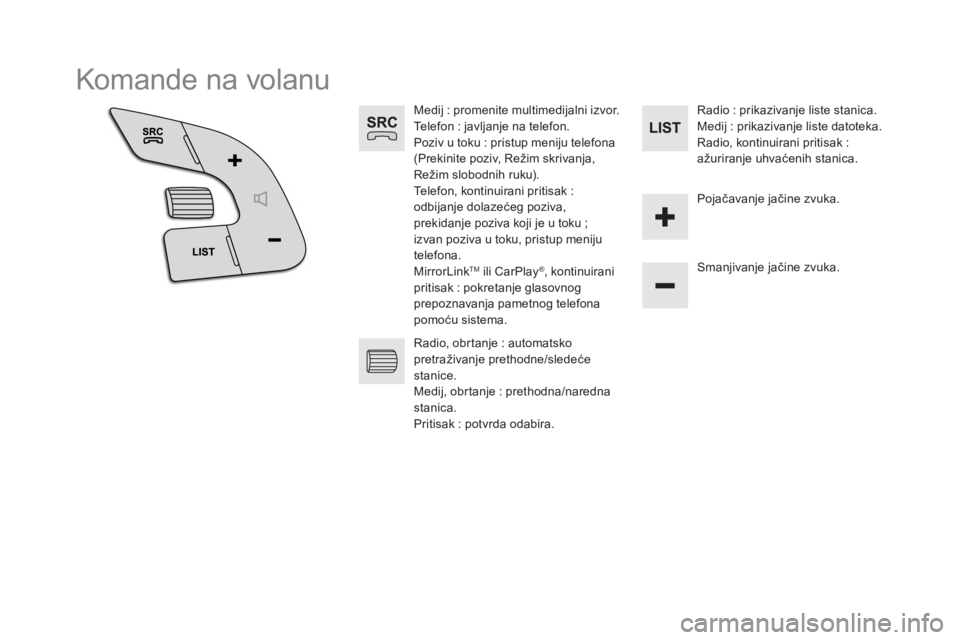 CITROEN DS5 2016  Priručnik (in Serbian)   Komande na volanu 
 
 
 
 
 
 
 
Medij : promenite multimedijalni izvor. 
  Telefon : javljanje na telefon. 
  Poziv u toku : pristup meniju telefona 
(Prekinite poziv, Režim skrivanja, 
Režim slo