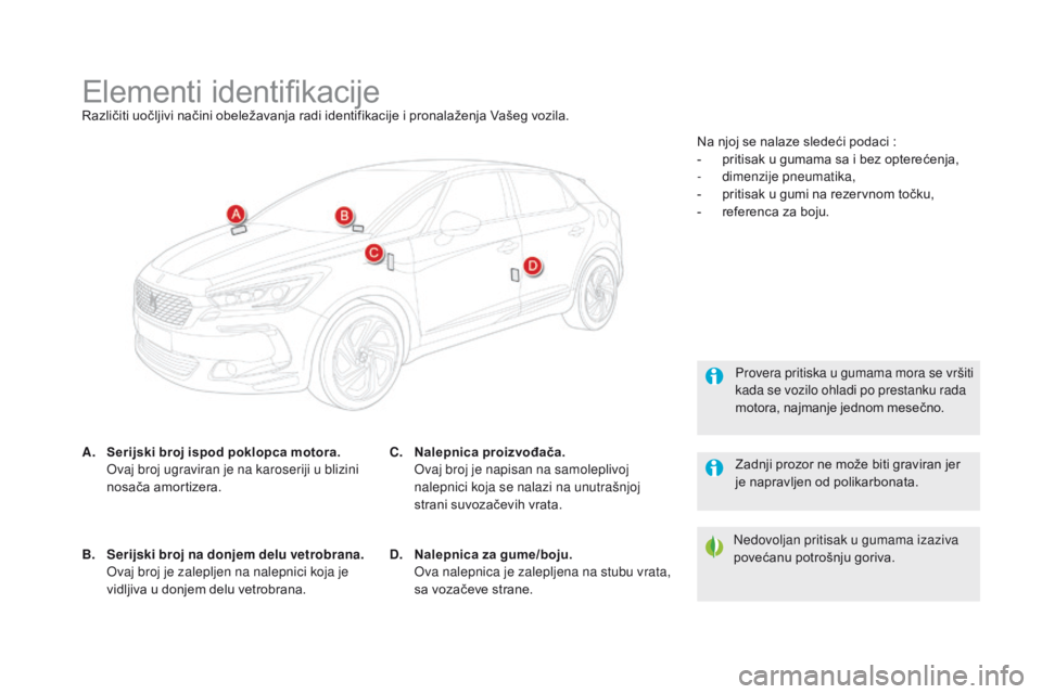 CITROEN DS5 2015 Priručnik (in Serbian) DS5_sr_Chap10_caracteristiques_ed01-2015
Elementi identifikacijeRazličiti uočljivi načini obeležavanja radi identifikacije i pronalaženja Vašeg vozila.
A.
S
erijski broj ispod poklopca motora. CITROEN DS5 2015 Priručnik (in Serbian) DS5_sr_Chap10_caracteristiques_ed01-2015
Elementi identifikacijeRazličiti uočljivi načini obeležavanja radi identifikacije i pronalaženja Vašeg vozila.
A.
S
erijski broj ispod poklopca motora.
