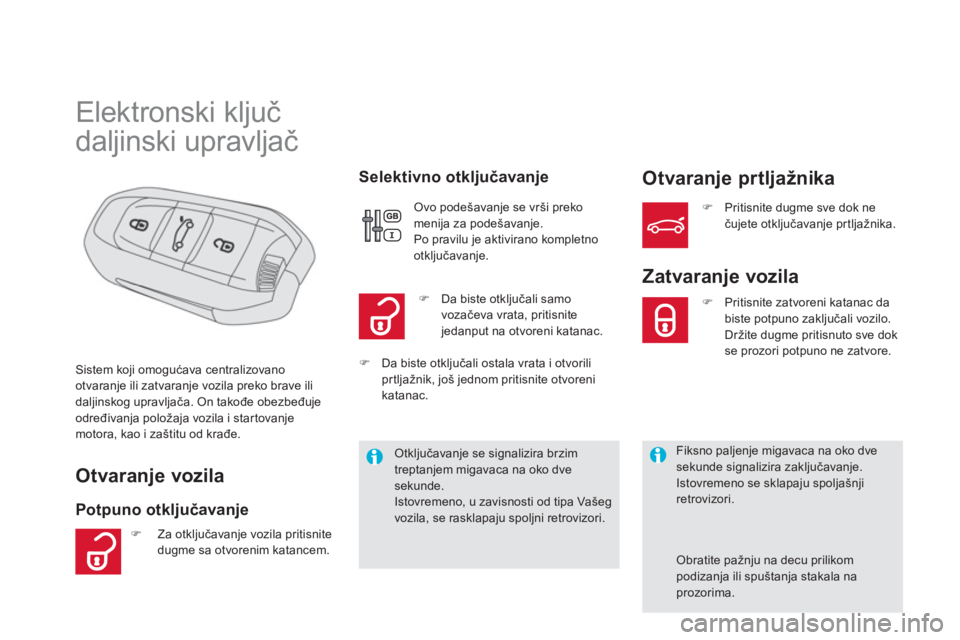 CITROEN DS5 2011  Priručnik (in Serbian)    
 
 
 
 
 
 
 
 
 
 
 
 
 
 
 
 
Elektronski ključ 
 
daljinski upravljač 
Otvaranje vozila
Potpuno otključavanje    
Selektivno otkl
jučavanje Otvaranje prtljažnika
Sistem koji omogućava cen