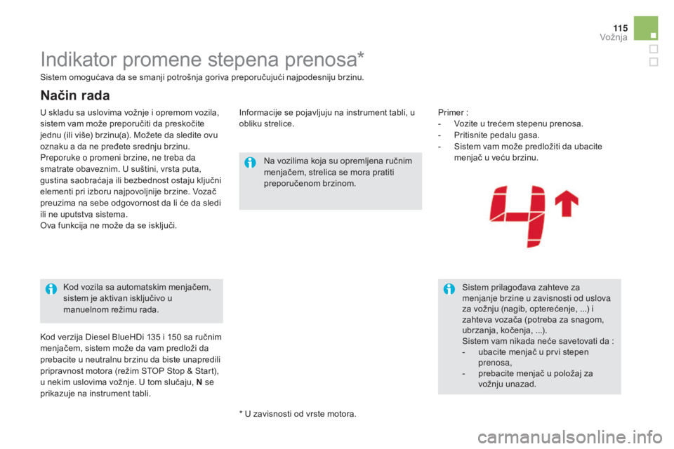 CITROEN DS5 HYBRID 2016 Priručnik (in Serbian) 11 5
DS5_sr_Chap04_conduite_ed02-2015
Indikator promene stepena prenosa*
Na vozilima koja su opremljena ručnim
menjačem, strelica se mora pratiti
preporučenom brzinom.Sistem prilagođava zahteve CITROEN DS5 HYBRID 2016 Priručnik (in Serbian) 11 5
DS5_sr_Chap04_conduite_ed02-2015
Indikator promene stepena prenosa*
Na vozilima koja su opremljena ručnim
menjačem, strelica se mora pratiti
preporučenom brzinom.Sistem prilagođava zahteve