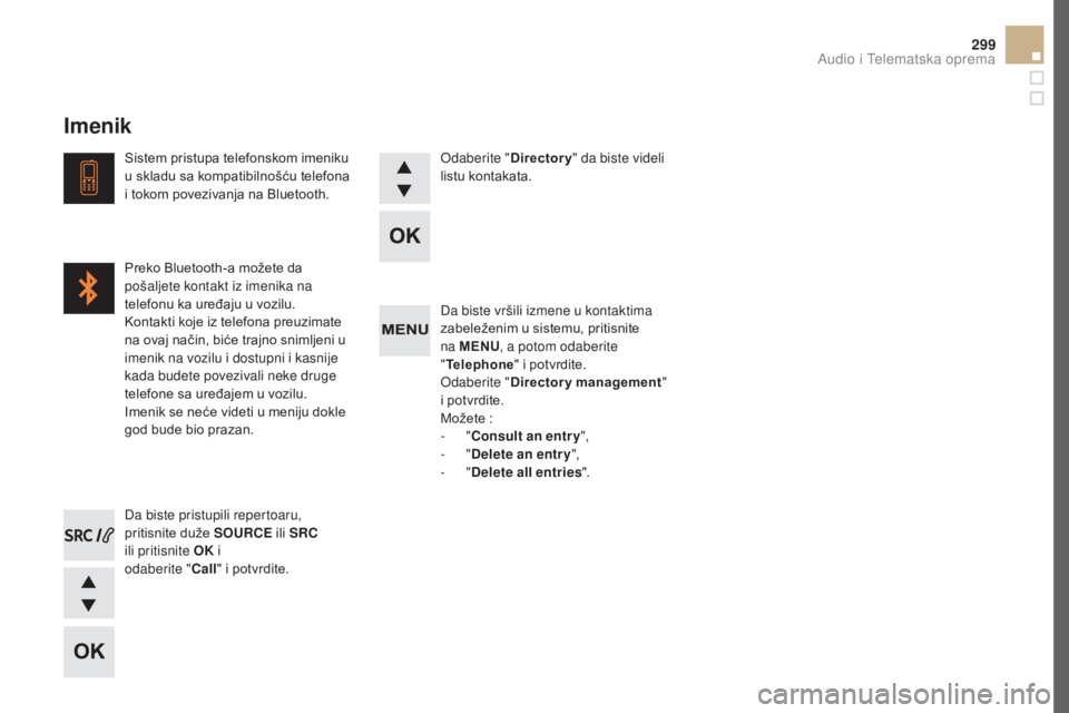 CITROEN DS5 HYBRID 2016  Priručnik (in Serbian) 299
DS5_sr_Chap11d_RD5_ed02-2015
Da biste vršili izmene u kontaktima 
zabeleženim u sistemu, pritisnite 
na ME
nU, a p

otom odaberite 
" Telephone " i potvrdite.
Odaberite " Directory m