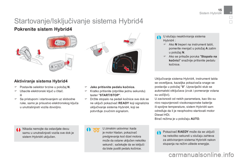 CITROEN DS5 HYBRID 2016  Priručnik (in Serbian) 15Sistem Hybrid4
   
Pokrenite sistem Hybrid4 
 
 
Aktiviranje sistema Hybrid4  
 
Uključivanje sistema Hybrid4, instrument tabla 
se osvetljava, kazaljka pokazivača snage se 
postavlja u položaj "
