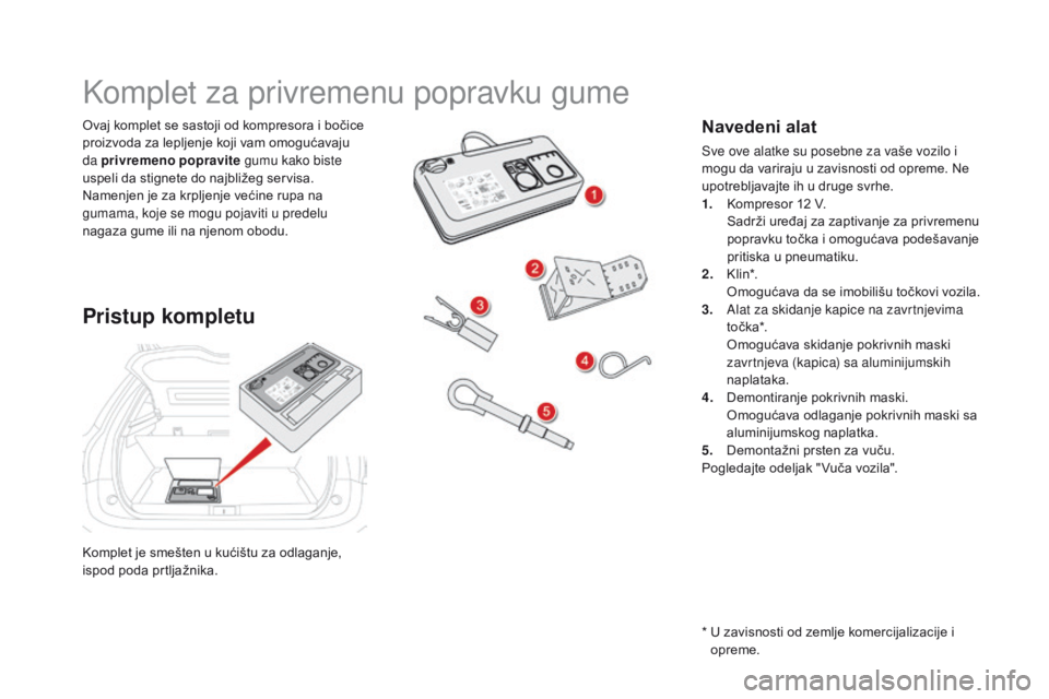 CITROEN DS5 HYBRID 2015  Priručnik (in Serbian) DS5_sr_Chap08_info-pratiques_ed01-2015
Komplet je smešten u kućištu za odlaganje, 
ispod poda prtljažnika. Ovaj komplet se sastoji od kompresora i bočice 
proizvoda za lepljenje koji vam omoguća